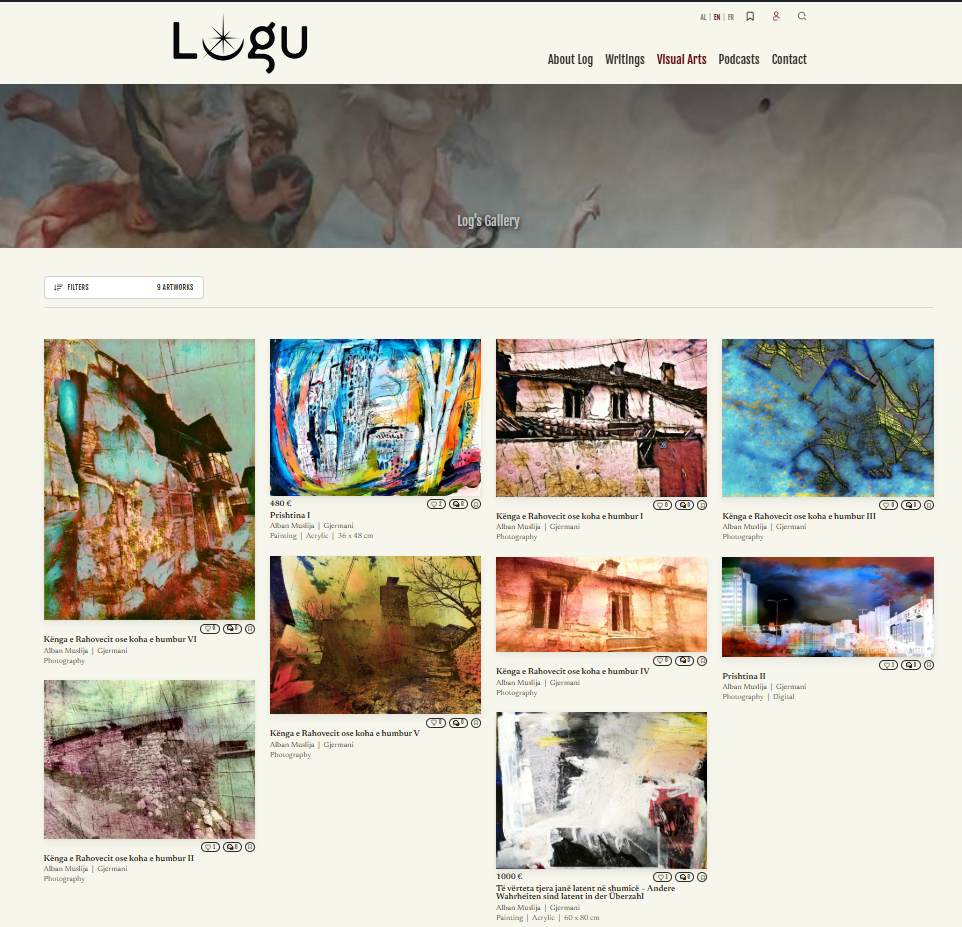 Screenshot of the Logu online gallery displaying paintings, photography, and digital artwork